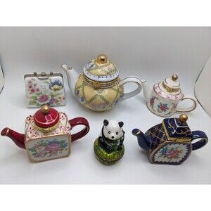 Vintage Miniature Trinket Set Of 6 Ceramic Teapot Jewelry Box Gold Trim READ